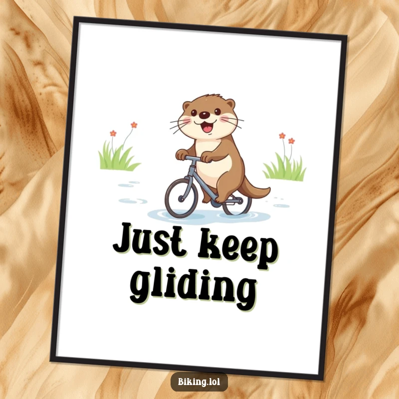 Funny digital art print of a joyful otter cycling on a tiny bike down a river, cheerful.