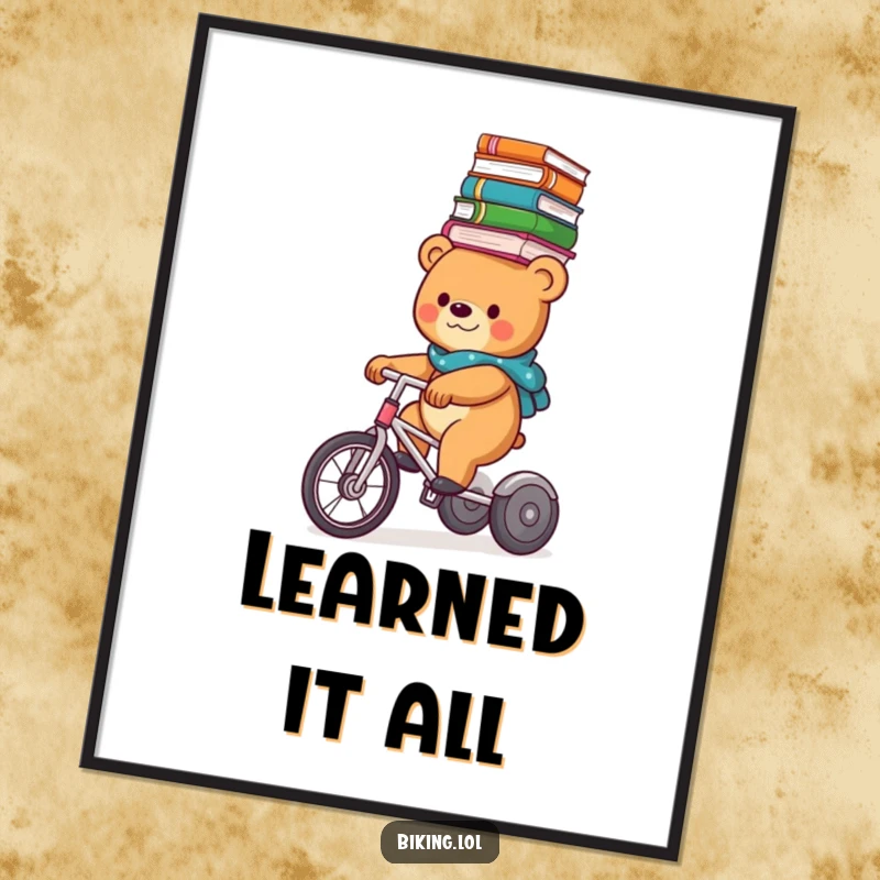 Funny bear character balancing a stack of books on its head while riding a tricycle, as a high-resolution digital art print.