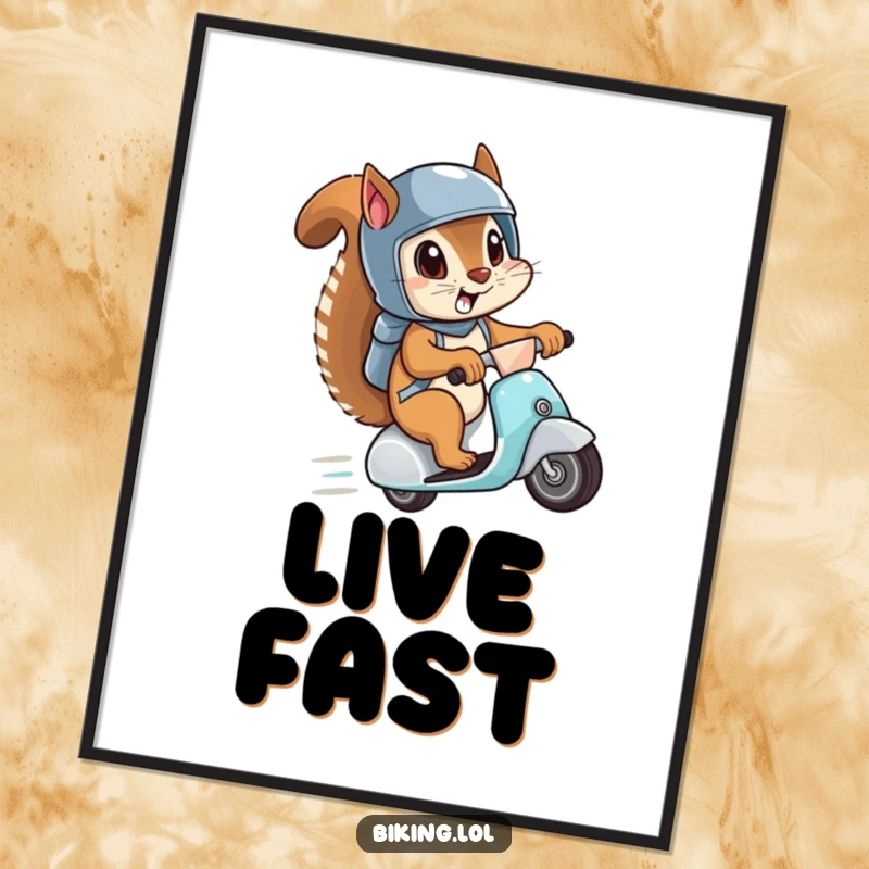 Funny digital art print of a squirrel in a helmet, eyes wide, speeding downhill on a scooter, capturing a moment of pure, exhilarating, and comical action.