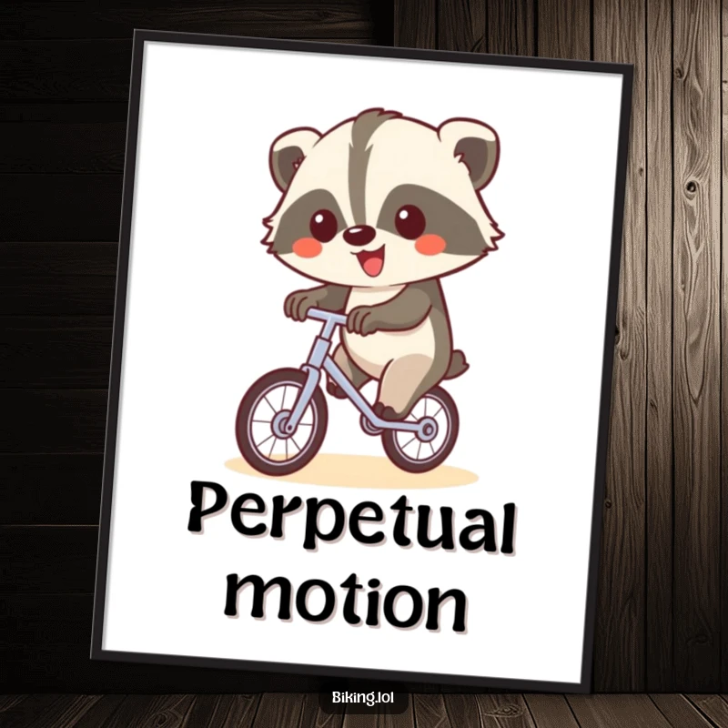 Funny digital art print of a happy badger on a unicycle waving, adding whimsical humor to decor.