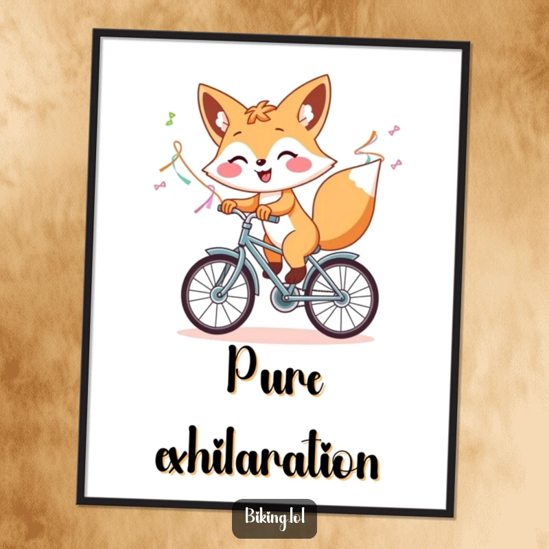 Funny digital art print of a cheerful fox riding a bicycle with streamers, offering instant humorous decor.