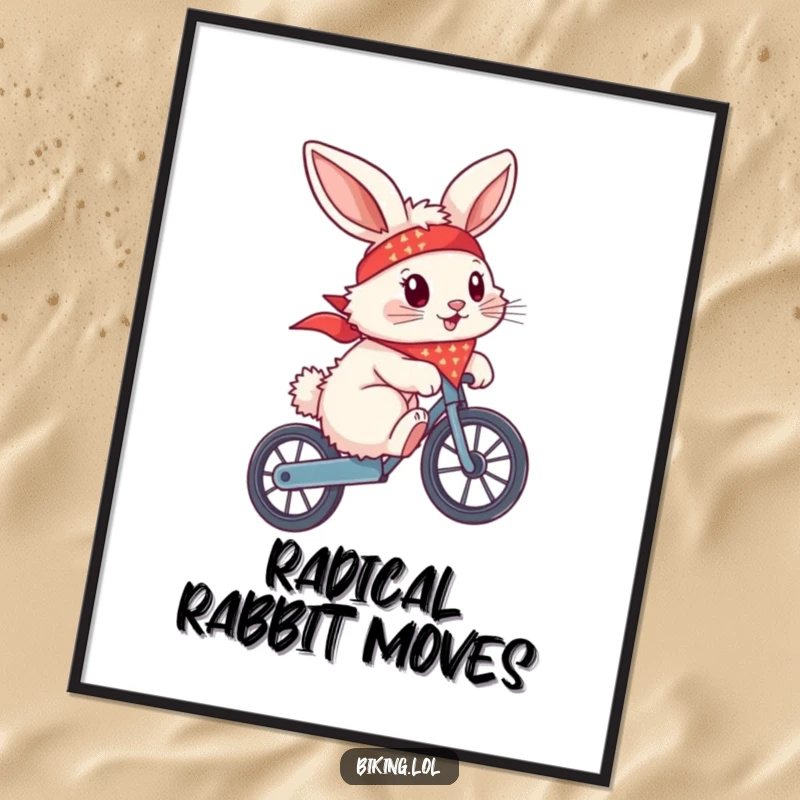 Funny bunny with a bandana flying, performing a wheelie on a bike, as a digital art print, full of rebellion.