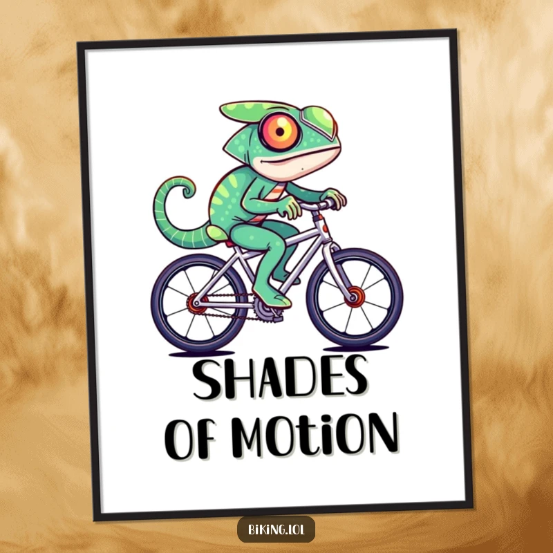 Funny chameleon character changing colors rapidly while riding a fast bicycle, as a high-resolution digital art print.