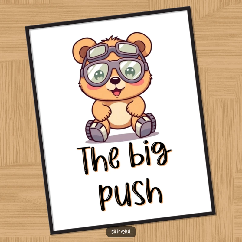 Funny bear with large goggles, pedaling a bicycle intensely, as a digital art print, conveying determination.