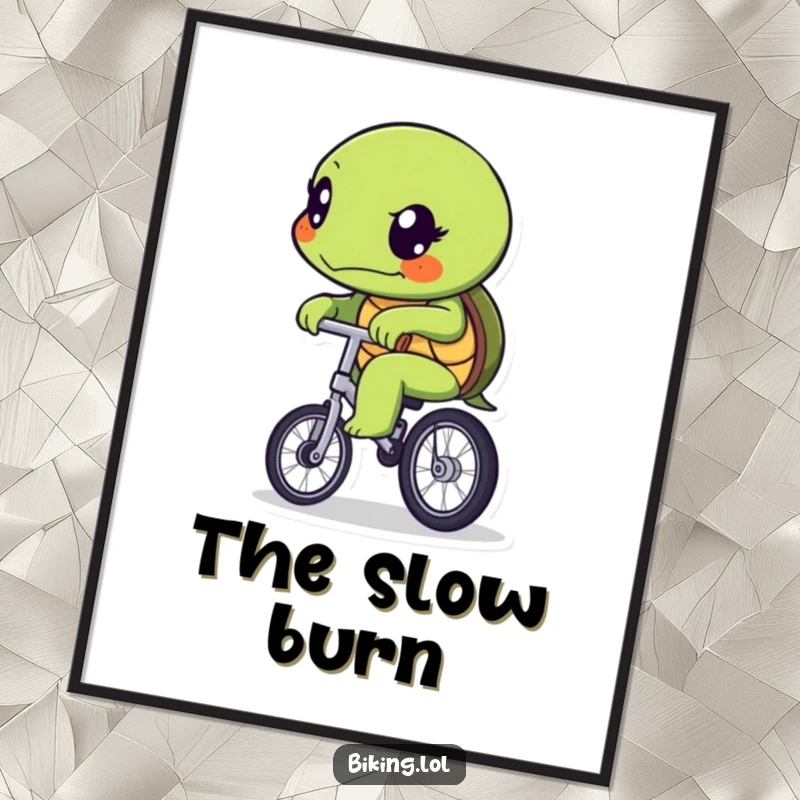 Funny determined turtle character slowly pedaling a unicycle, as a high-resolution digital art print.