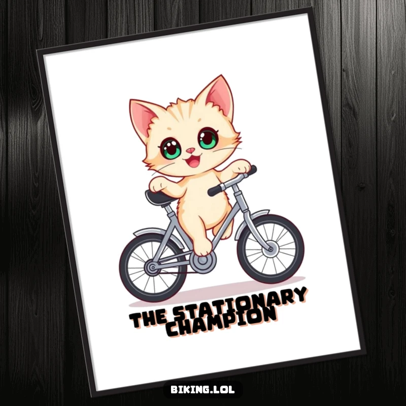 Funny kitten bike digital art print, delighted kitten with wide eyes balancing on a stationary bicycle crank.