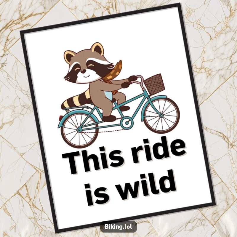 Funny raccoon riding a tandem bicycle with a surprised passenger, a humorous digital art print ready to download and frame.