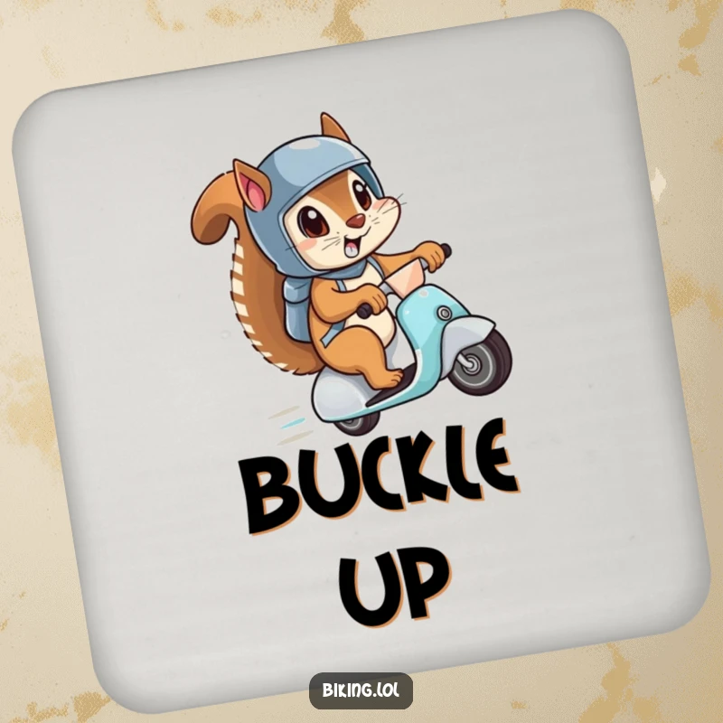 Funny coaster featuring a squirrel wearing a helmet, eyes wide, speeding downhill on a scooter, adding a humorous touch to drink placement.