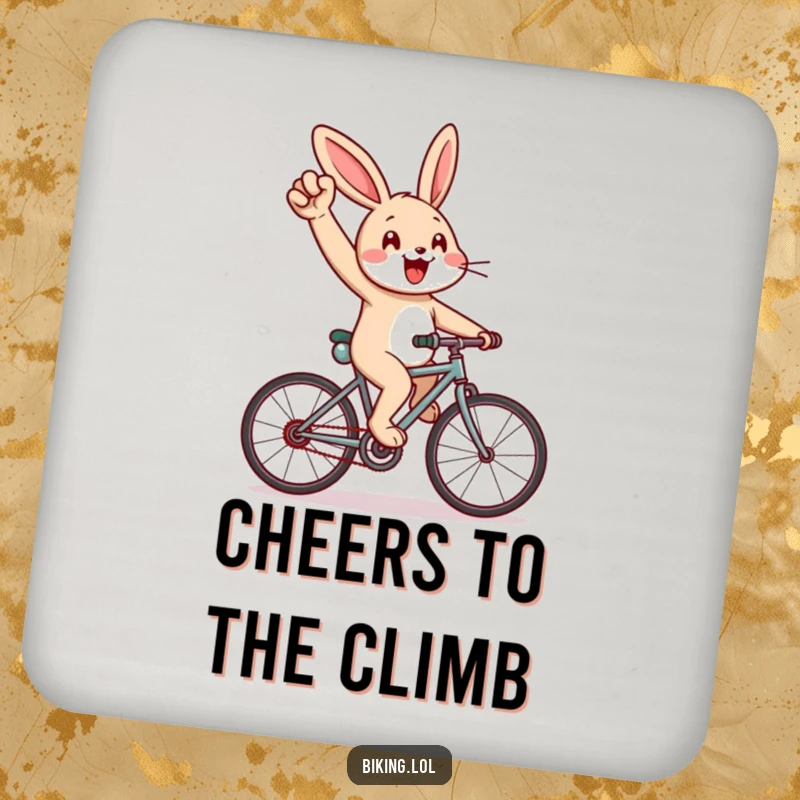 Funny coaster showing a cheerful rabbit cycling uphill, pumping arm, a small funny gift.