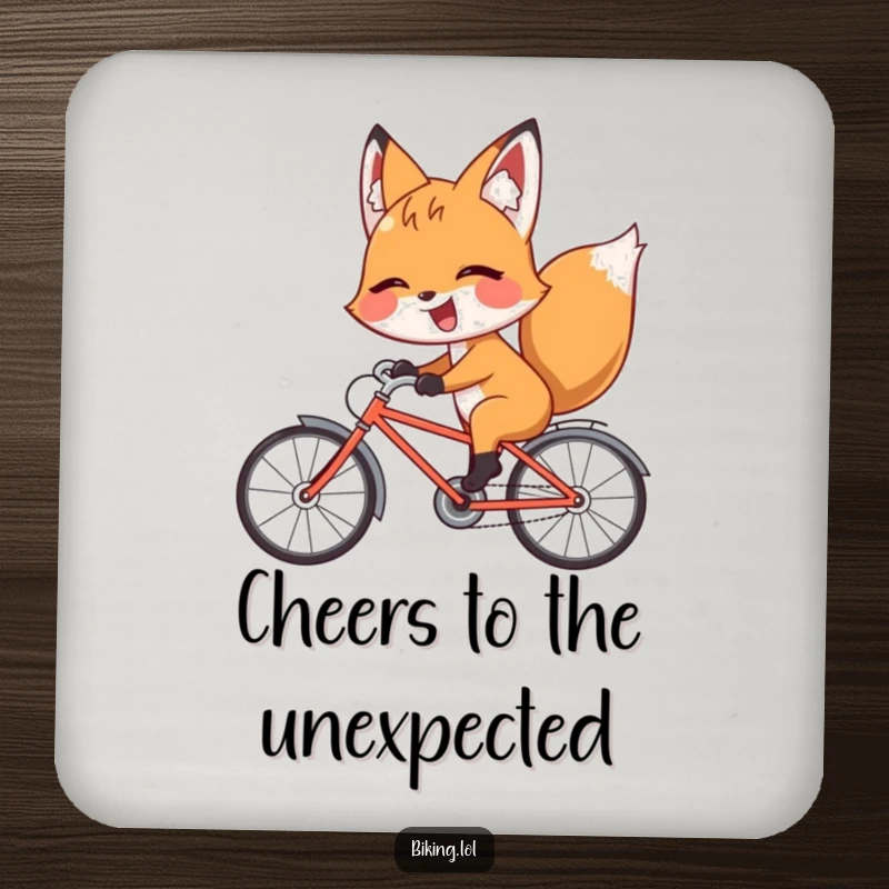 Funny fox coaster featuring a giggling fox riding a bicycle backward with a playful wink, perfect for tabletops.