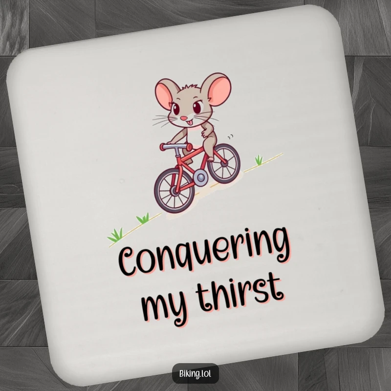 Funny mouse bicycle coasters, a brave character conquering an uphill challenge, a humorous set for drink protection.
