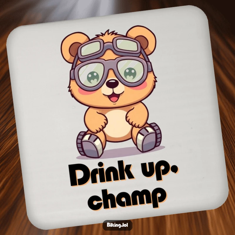 Funny bear wearing goggles, pedaling a bike with effort, on a drink coaster, protecting surfaces.