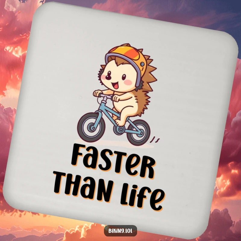 Funny hedgehog wearing helmet, riding a bike, on a drink coaster, protecting surfaces with humor.