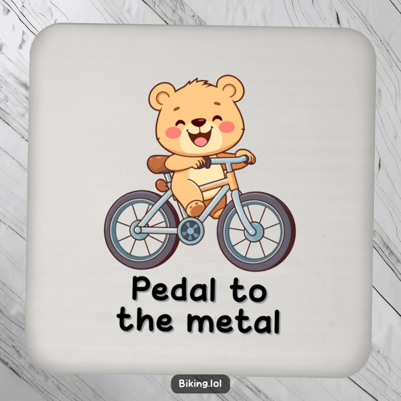 Funny coaster with a happy bear cub in a wide grin, pedaling a bicycle with oversized wheels, adding humor to your surface.