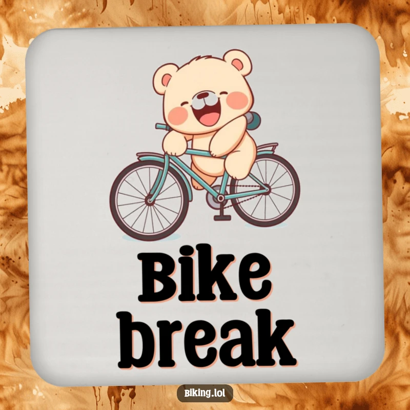 Funny drink coaster featuring a laughing bear cub with a silly face tumbling off a bicycle, protecting surfaces.