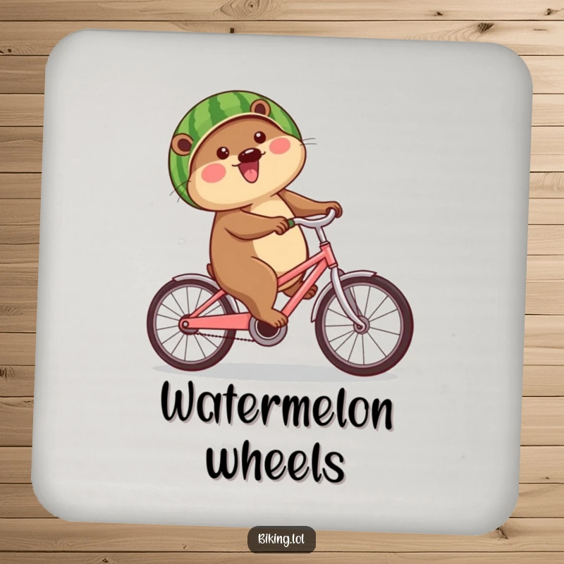 Funny beaver coaster depicting a happy beaver on a bike wearing a watermelon helmet, protecting surfaces with humor.