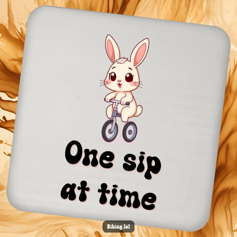 Funny bunny coasters featuring a bunny on a unicycle, wobbling with a determined grin, protecting surfaces with humorous style, an ideal funny gift.