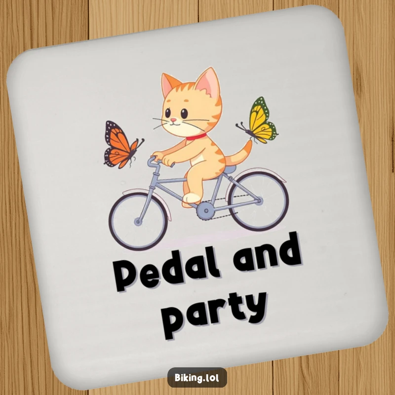 Funny drink coaster showing a determined cat chasing a butterfly on a tandem bicycle, a humorous addition to any drink setup.