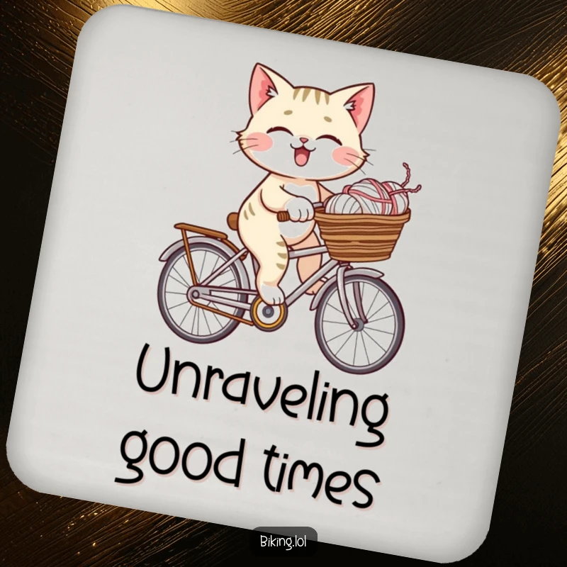 Funny giggling cat on a bicycle with a yarn-filled basket, featured on these protective and humorous coasters.