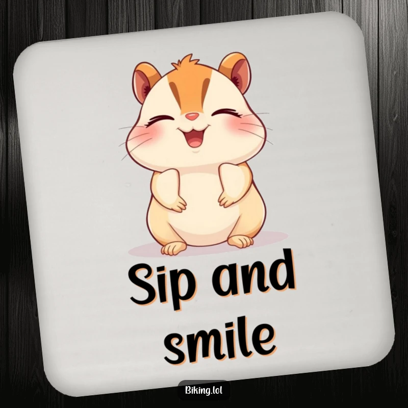Funny chipmunk drink coaster, a beaming chipmunk pedaling a bike with closed eyes in pure bliss, humorous and protective.