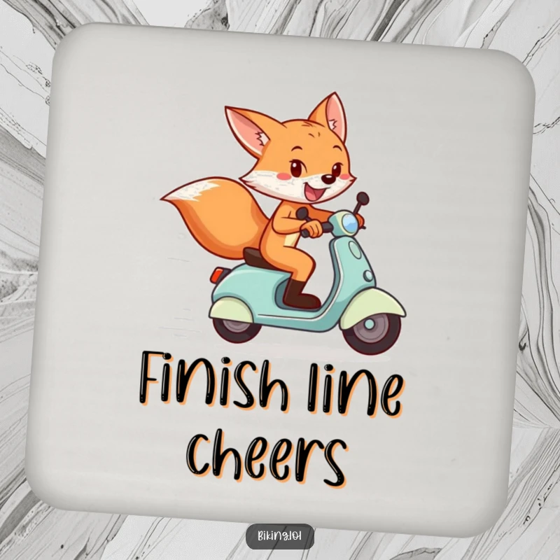 Funny coaster showing a playful fox on a scooter crossing a finish line, a small funny gift.