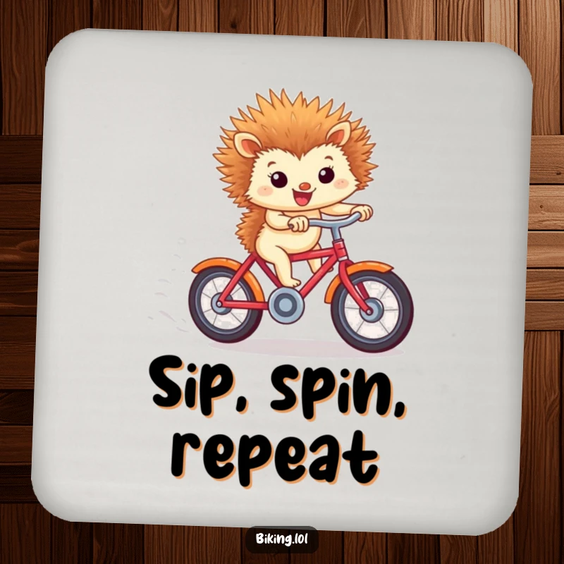 Funny coaster showing a tiny hedgehog riding a bicycle downhill, windblown ears, a small funny gift.