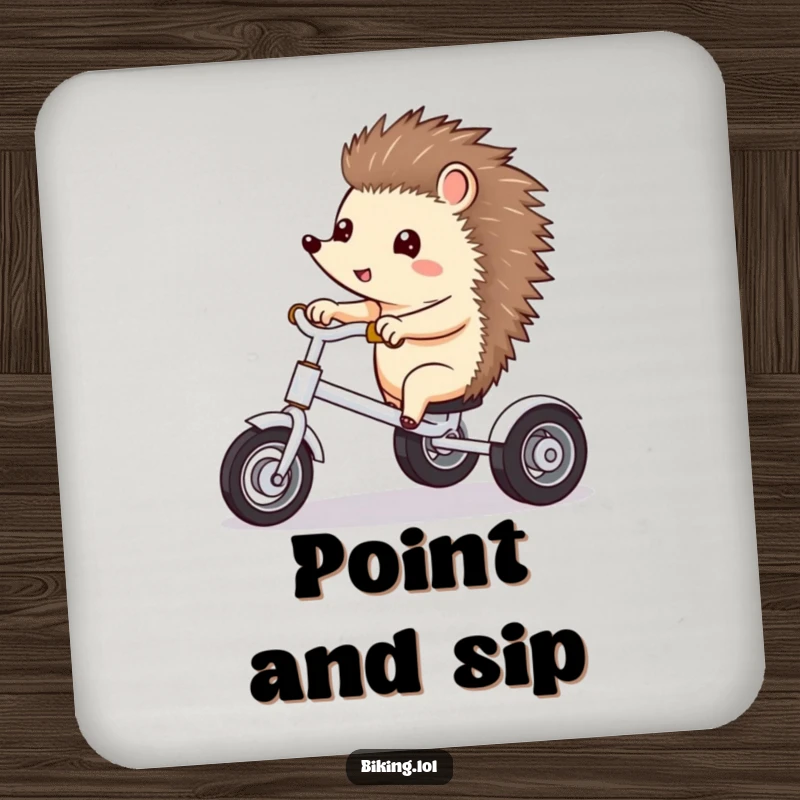 Funny drink coaster showing a curious hedgehog excitedly pointing ahead while riding a tricycle.