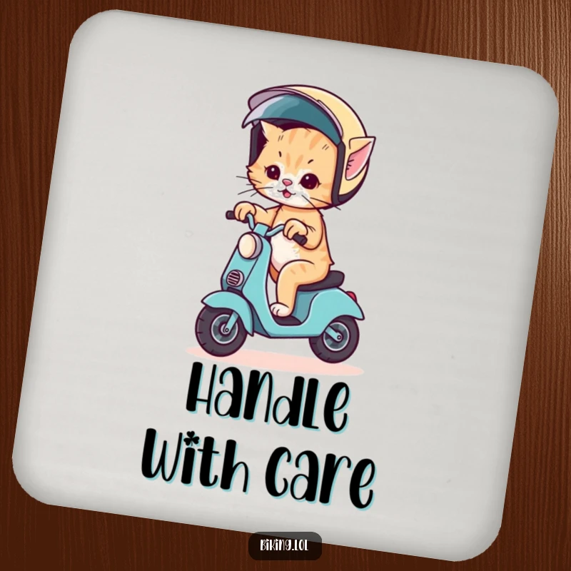 Funny coaster with a wobbly kitten riding a scooter, its comically large helmet adding humor to your drink setup.
