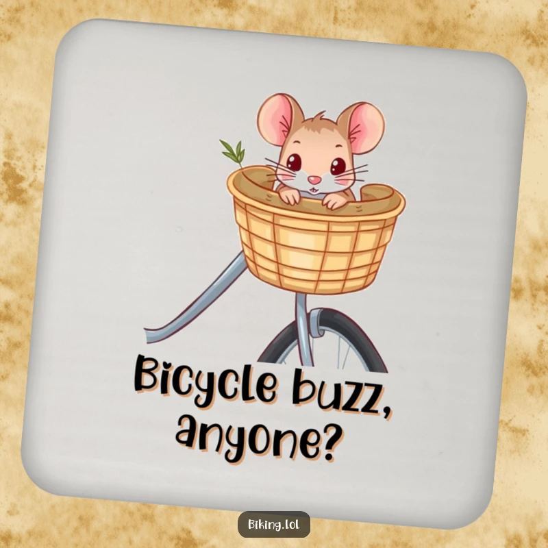 Funny curious mouse peeking from a bicycle basket, a decorative drink coaster adding a touch of humor and charm to your surfaces.