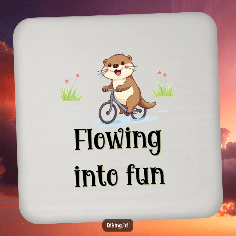 Funny coaster with a joyful otter riding a small bicycle down a river, protecting furniture.