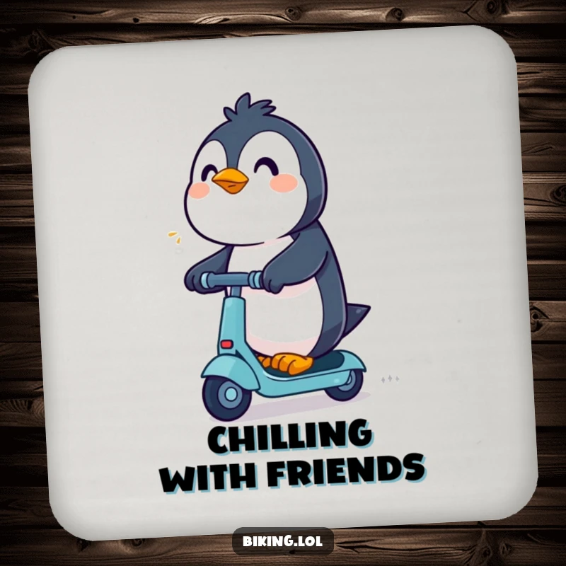 Funny Penguin Coaster: An excited penguin determinedly rides a scooter, adding a touch of speed humor to your table.