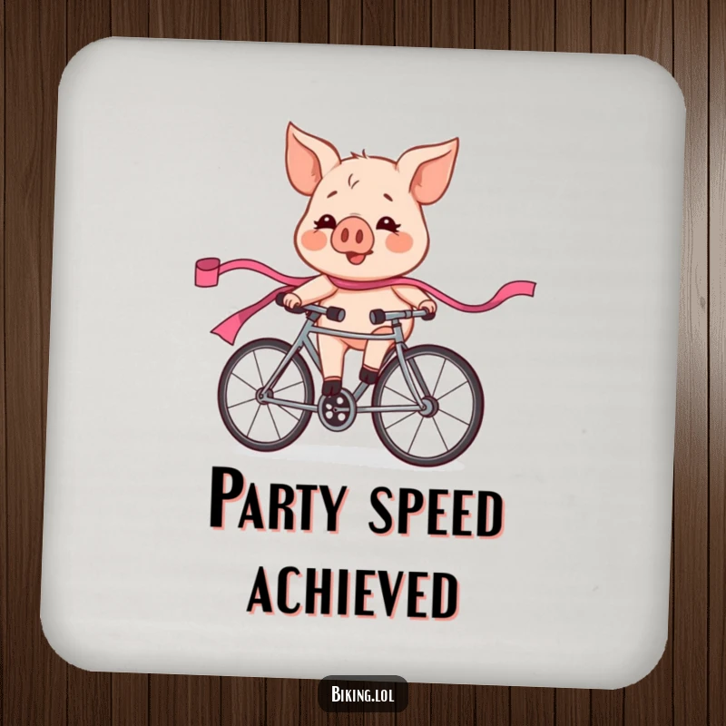 Funny pig character in a bicycle race, flushed and exhilarated, trailing a pink ribbon, printed on a protective drink coaster.