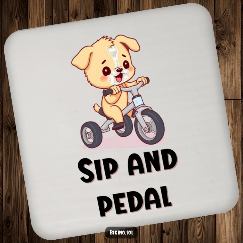Funny puppy coasters featuring a puppy on a tricycle, pedaling with immense effort, protecting surfaces with humorous style, an ideal funny gift.