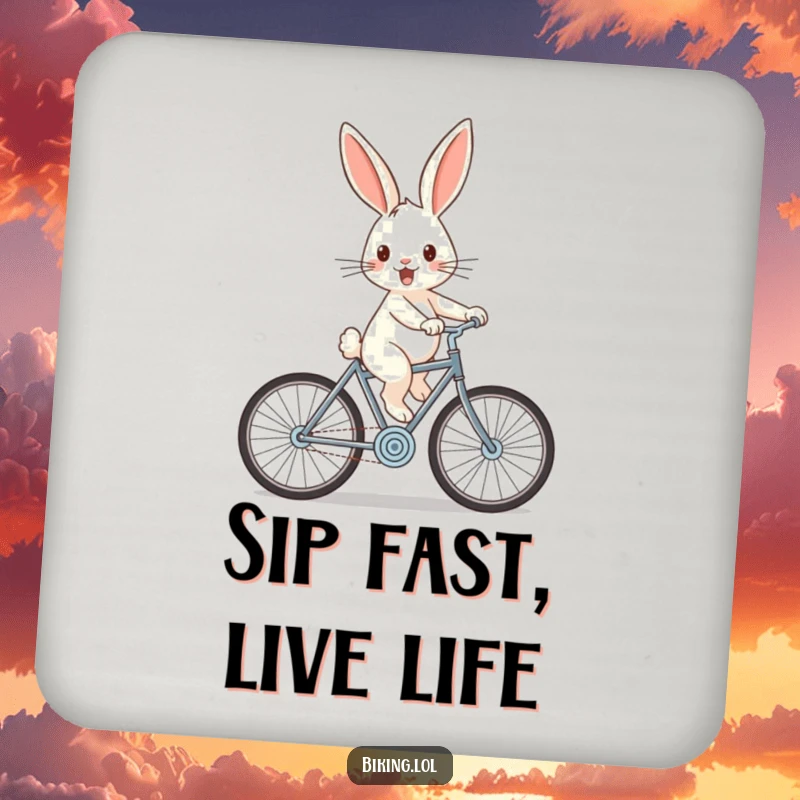 Funny rabbit coaster featuring a cheerful rabbit zooming downhill on a bicycle with wind-swept ears, perfect for tabletops.
