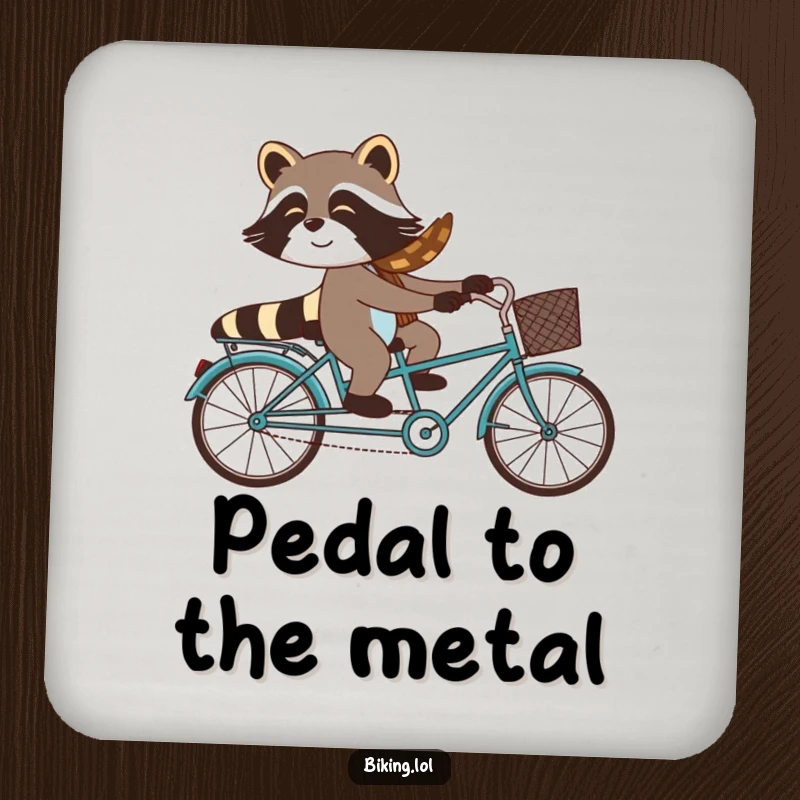 Funny raccoon duo on a tandem bike, a comical image on these protective and humorous drink coasters.