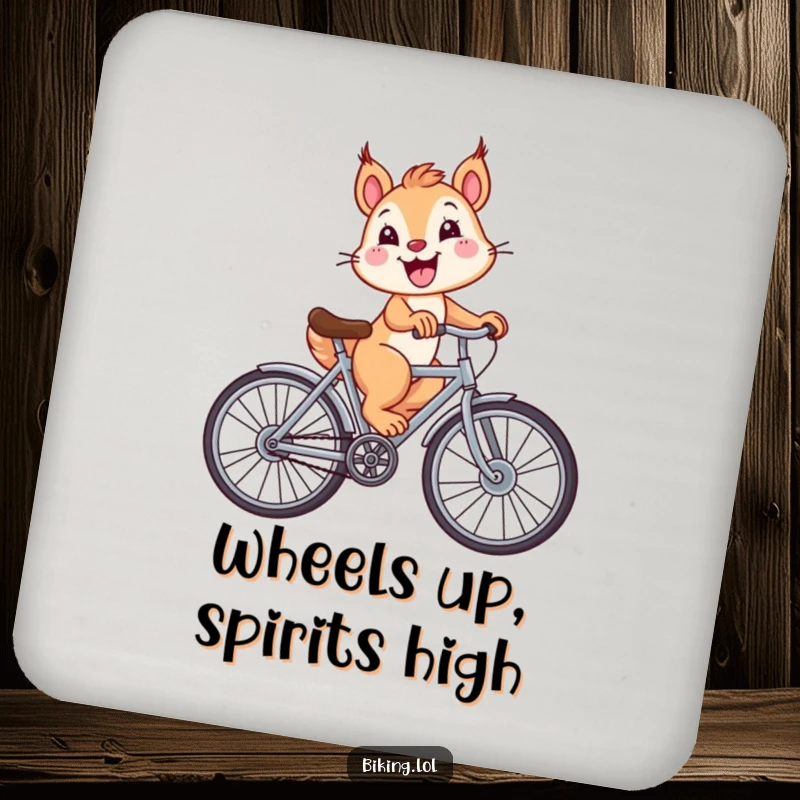 Funny squirrel joyfully riding a bicycle with oversized wheels and a big smile, featured on these humorous drink coasters.