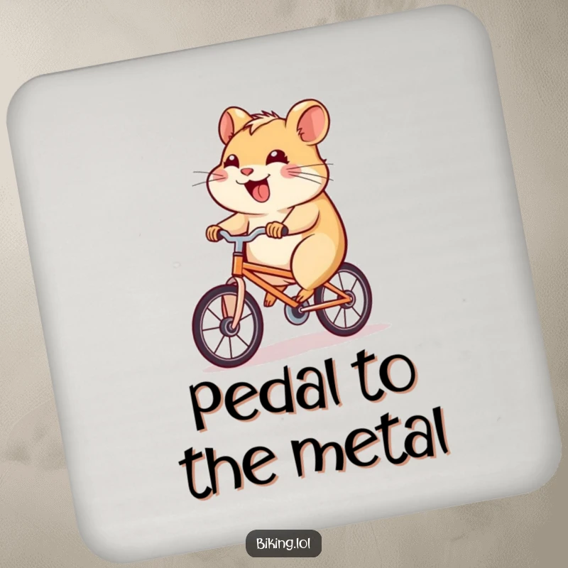 Funny hamster coaster showing a determined hamster pedaling a tiny bicycle uphill with a joyful grin, perfect for tabletops.