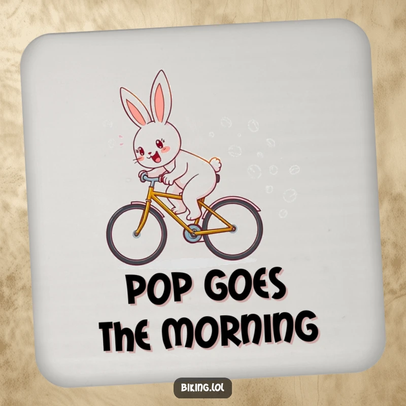Funny drink coasters showcasing a bunny on a bicycle with a bubble trail, protecting tables with a humorous design, a funny gift set.