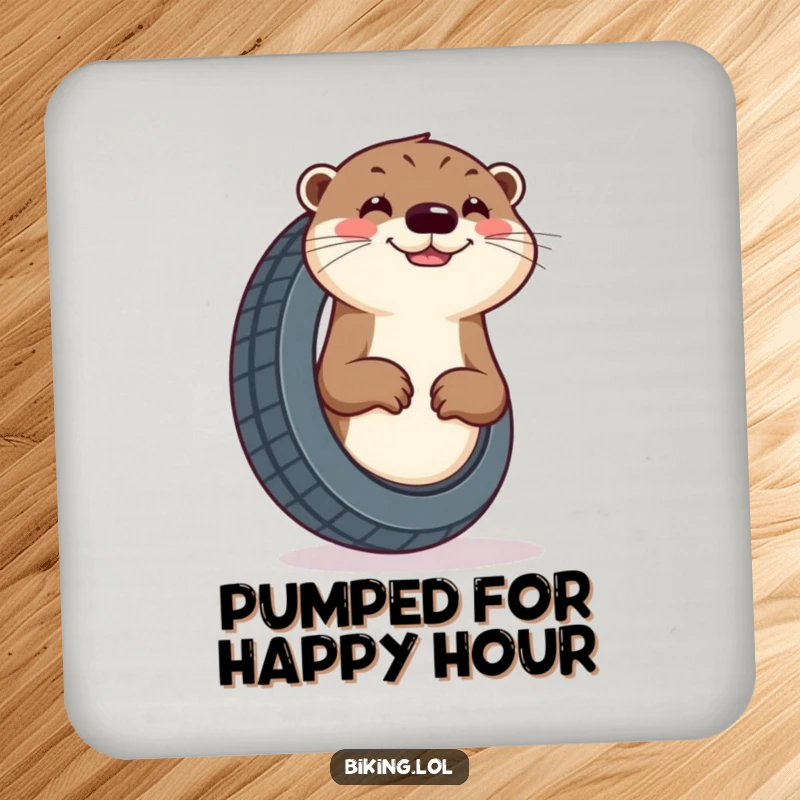 Funny otter tire drink coaster, curious otter enthusiastically pumping a tire with a cheerful grin, protecting surfaces.