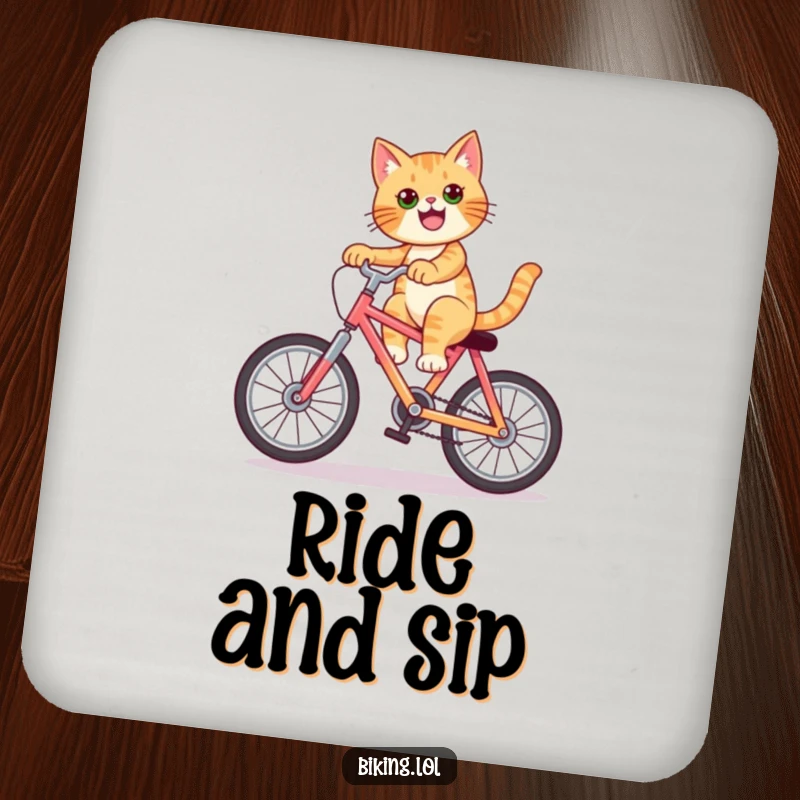 Funny cat wheelie coasters, a confident feline performing a bike stunt, a humorous set for drink protection.