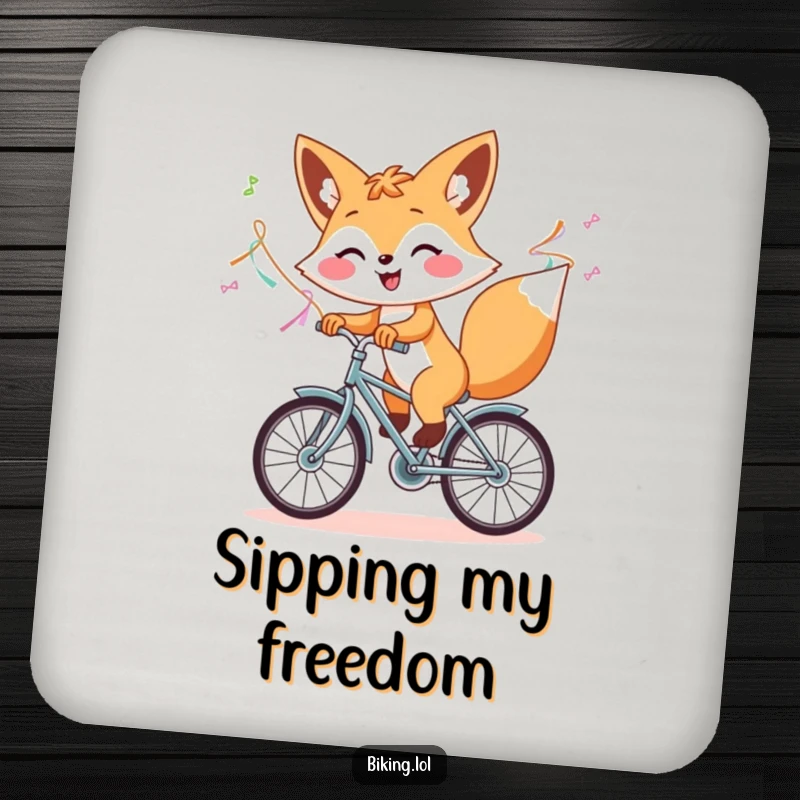 Funny drink coasters featuring a cheerful fox riding a bicycle with streamers, adding a humorous touch to any table.