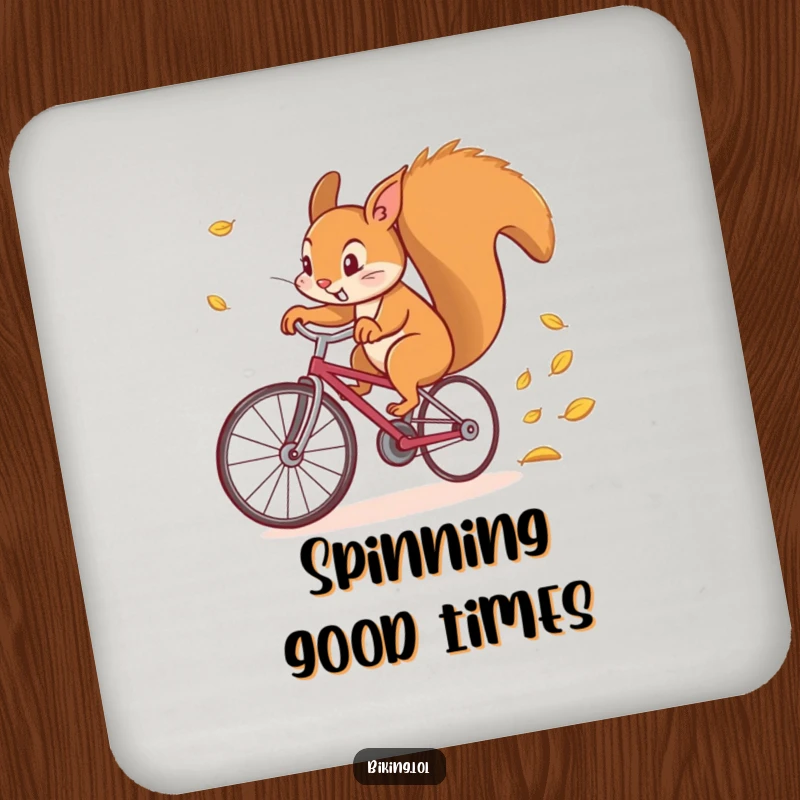 Funny drink coaster featuring a determined squirrel comically riding a bicycle, leaving a humorous trail of leaves.