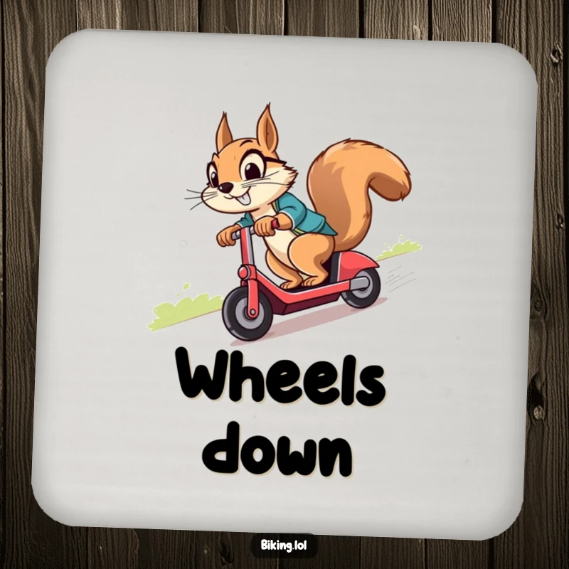 Funny squirrel with a cheeky grin, cruising downhill on a scooter, protecting your surfaces on this coaster.