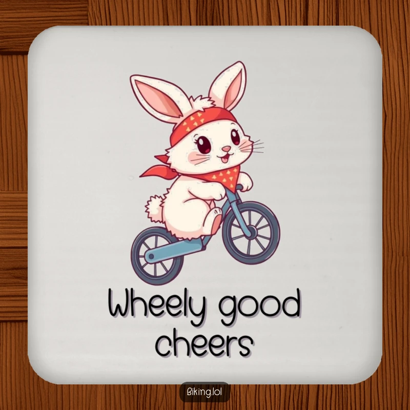 Funny bunny wearing a bandana, doing a wheelie on a bike, on a drink coaster, protecting surfaces.