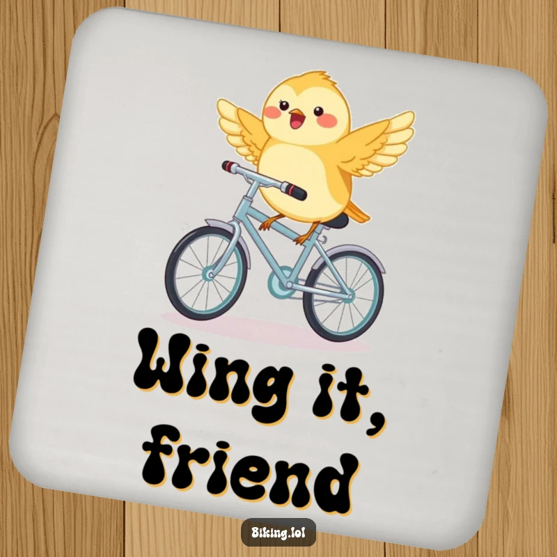 Funny chickadee bird on a tiny bicycle, wings outstretched, a decorative and protective drink coaster.