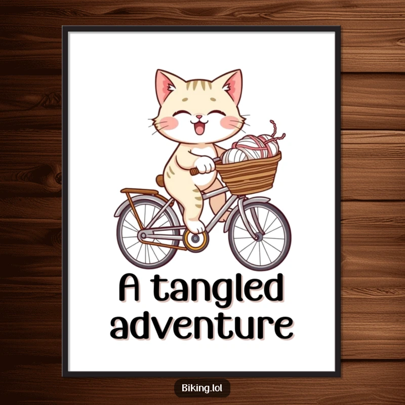 A funny illustration of a giggling cat cycling with a basket overflowing with yarn, creating whimsical wall art.