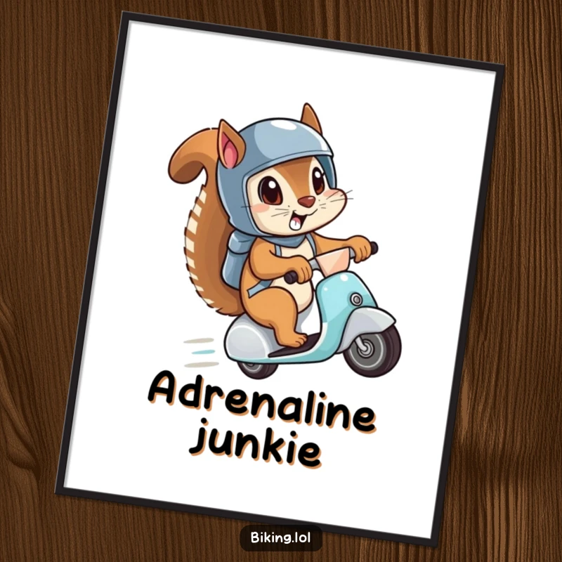 Funny poster of a squirrel wearing a helmet, eyes wide, speeding downhill on a scooter, capturing a moment of pure, exhilarating, and comical action.
