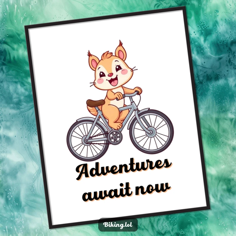 A funny illustration of a squirrel riding a bicycle with extra-large wheels and a wide, happy grin, perfect for this poster.