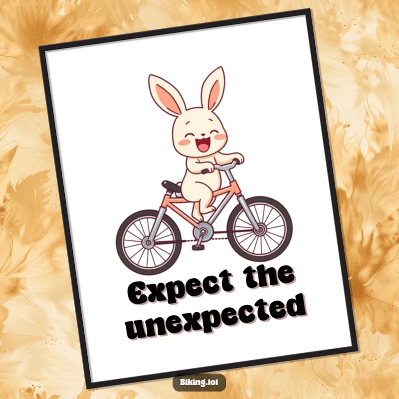 Funny bunny character mid-wheelie on a miniature bicycle, laughing hysterically, presented as a humorous wall art poster.