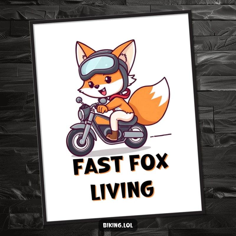 Funny fox art print of a cheerful fox with helmet and goggles, speeding on a bike, a humorous and dynamic funny gift.